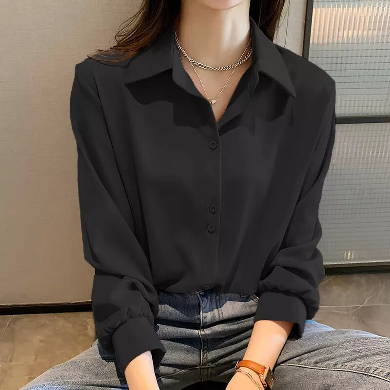 女/装衬衫女秋冬外套正装新款保暖宽松百搭设计感小众叠 黑色不加绒
