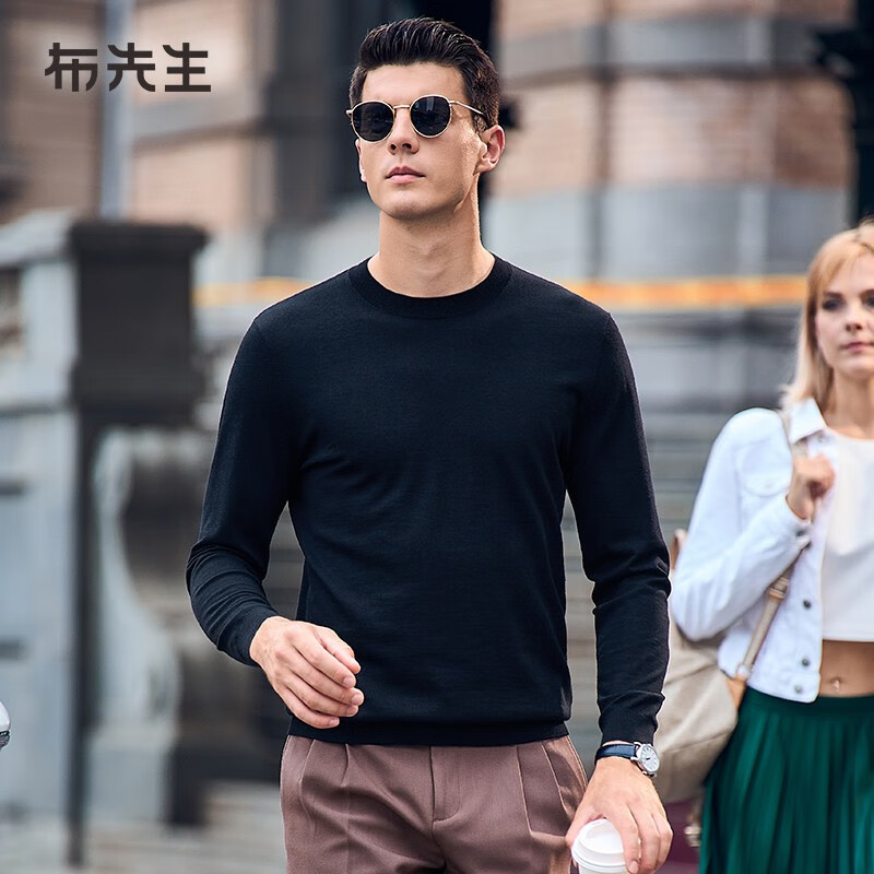 布先生佟大为明星同款秋冬可机洗毛T羊毛衫东方简奢风男士毛衣针织打底 【圆·领】钢琴黑 L/175