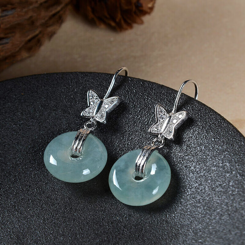 天然冰种翡翠耳环 925银翡翠耳饰平安扣耳环蝴蝶款耳坠女 图片色