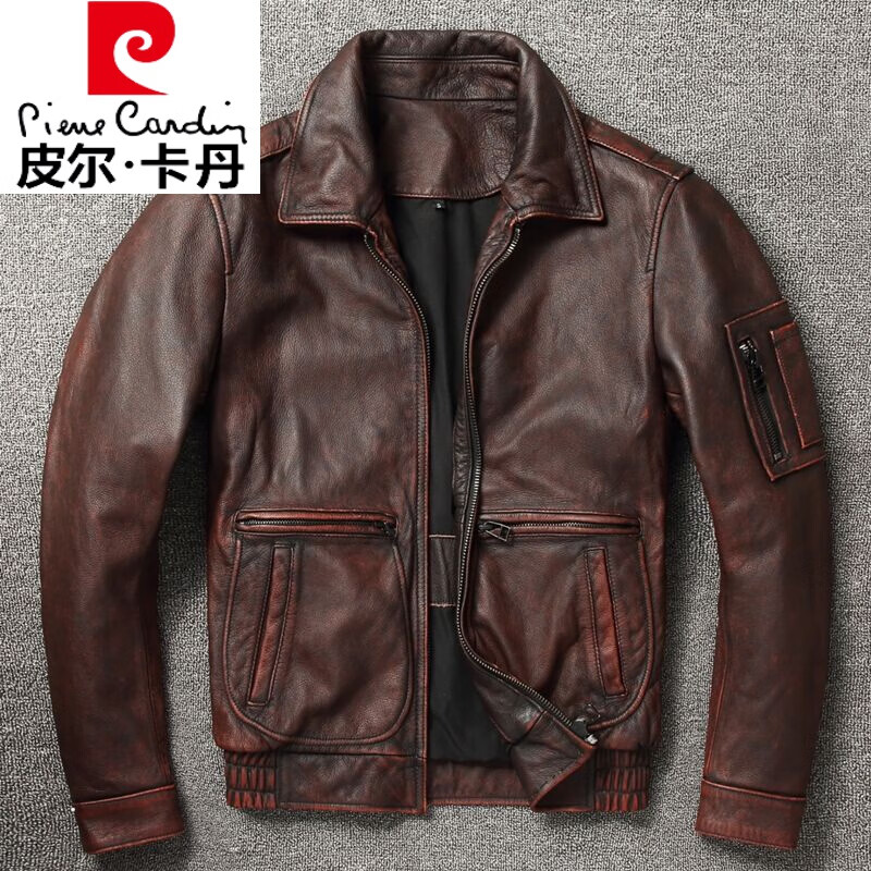 皮爾卡丹高檔新款石磨做舊飛行服頭層真皮皮衣男夾克機(jī)車(chē)復(fù)古大碼外套 紅棕色 4XL