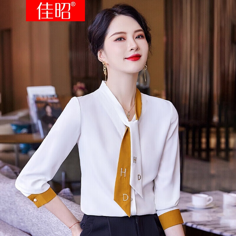 佳昭 白色飘带衬衫女春季2022新款修身显瘦时尚气质设计感小众v领长袖