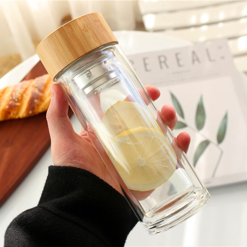 水杯男士300毫升木盖双层玻璃杯透明加厚大容量泡茶杯子 300ml透明