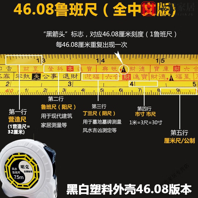 辉客映上鲁班尺大门吉数对照表正宗卷尺4608老式防摔多功能5米小巧