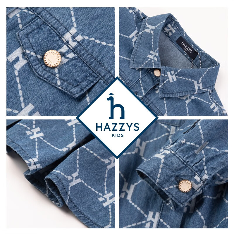 哈吉斯（HAZZYS）品牌童装女童连衣裙秋新品柔软舒适翻领简约甜美牛仔长袖裙 蓝牛仔 165