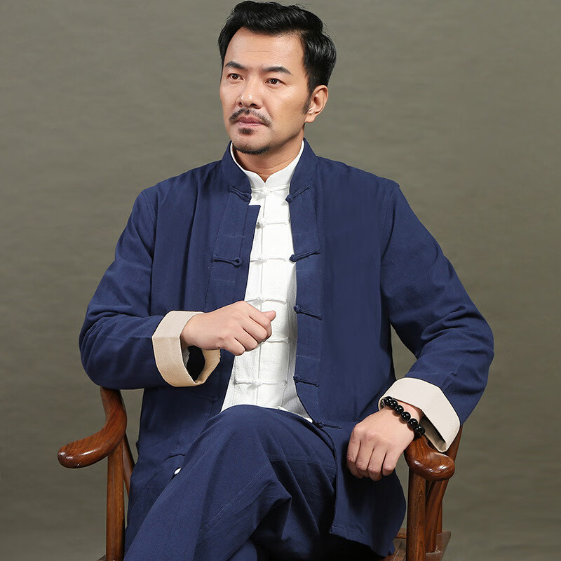 天彩绣 唐装男套装秋冬中式男装茶服古风棉麻中国风古装三件套居士服 藏青两件套（外套+裤子） 185(建议体重170-185斤)怎么看?