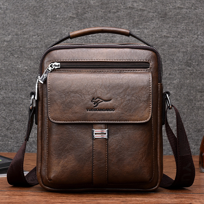 酷奇袋鼠真皮男包手提包男士商务公文背包单肩小 棕色小号