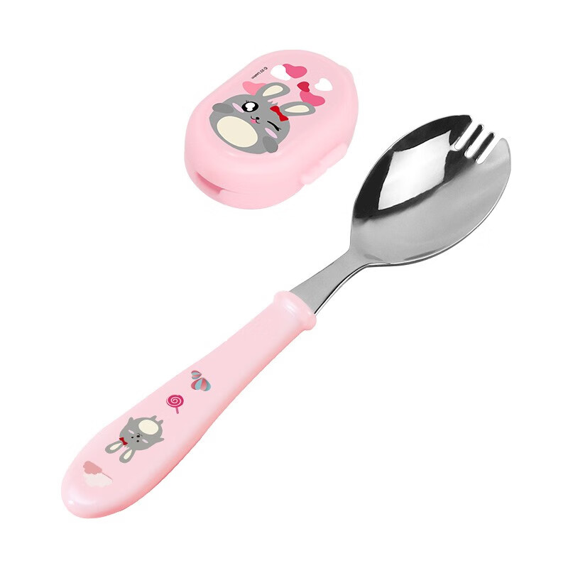 联扣儿童餐具勺叉一体宝宝叉勺316不锈钢带盖叉子勺子 【316】树脂便当勺粉兔+勺盖