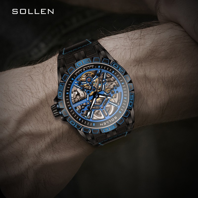 梭伦（SOLLEN）新款迷宫表盘手表男镂空全自动机械表男士手表防水夜光腕表送男友 蓝色黑盘【国潮双开礼盒】326