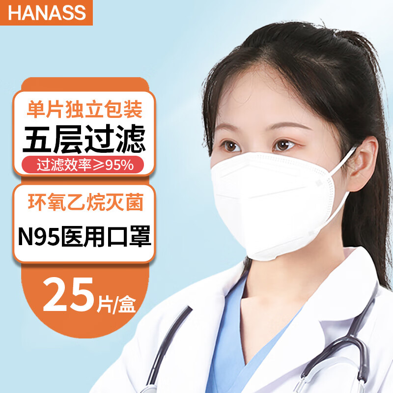  HANASS N95医用防护口罩 防尘二类无菌挂耳折叠式 透气舒适立体 独立包装25片/盒