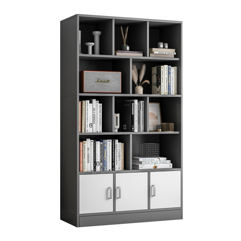 简座 书架落地简约时尚收纳多功能大容量省空间储物架多层置物简易书架柜子 【两门款】太空灰+白色80*24*180cm