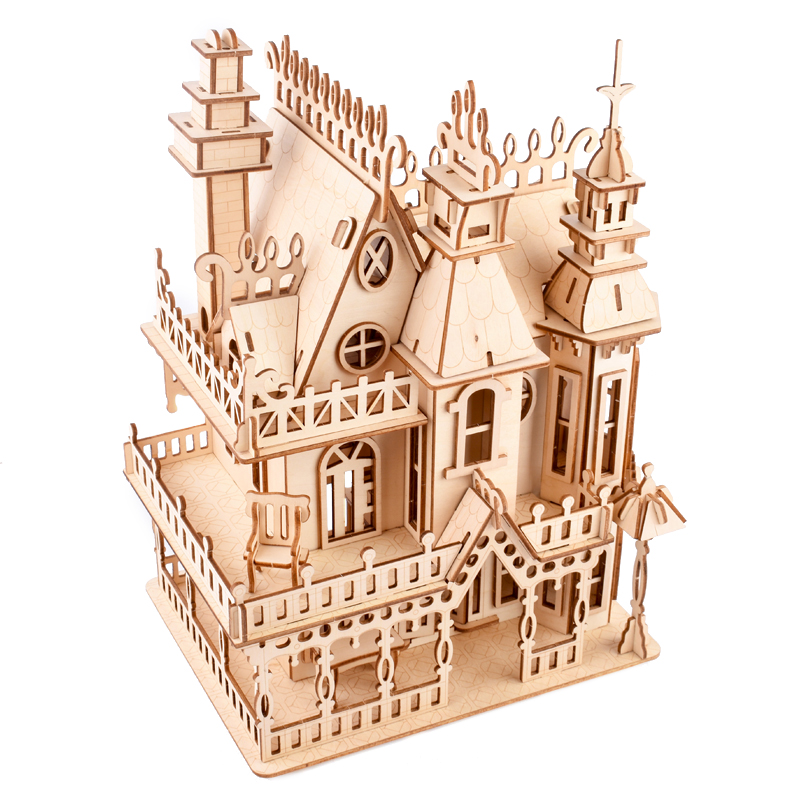 拼图 木质桥梁模型手工木制品拼装diy微缩房子建筑拼插玩具 梦幻别墅