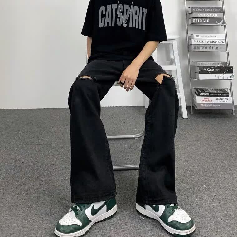 兹仕猫新款破洞牛仔裤破洞牛仔裤男夏季潮牌港风宽松九分裤潮流直筒