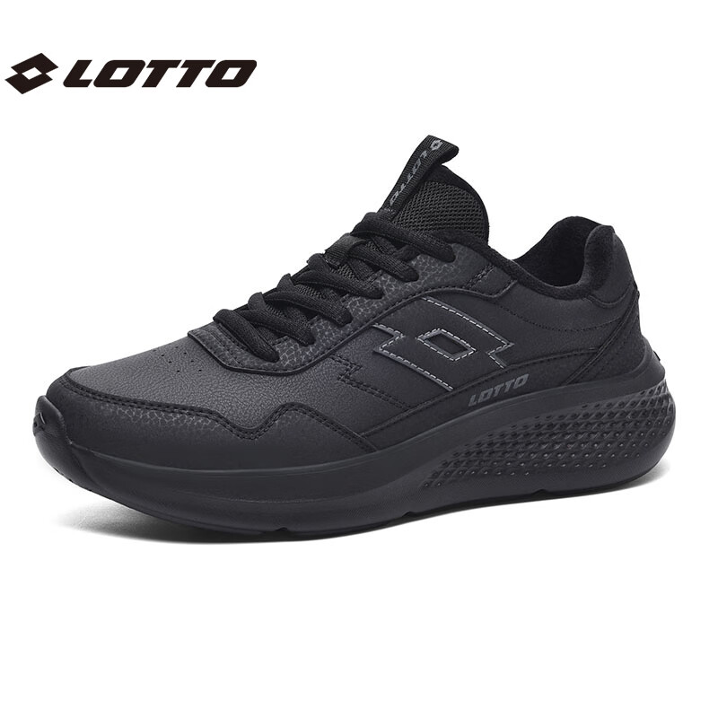 乐途（LOTTO）男鞋跑步鞋男皮面加绒保暖轻弾舒适缓震防滑户外运动休闲鞋女 黑色加绒【男女同款】 42