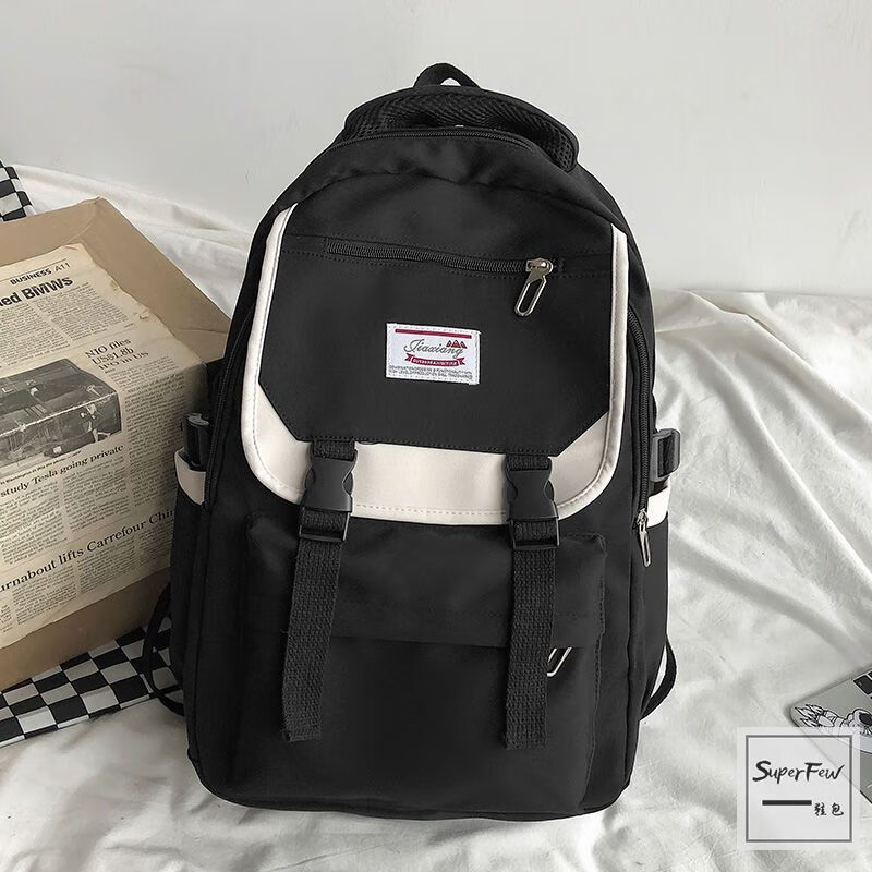 真大师 初中生书包超大容量初高中书包帆布双肩包男书包大容量 黑色