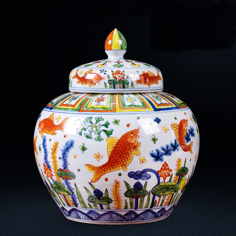 景德镇陶瓷手绘仿明嘉靖五彩鱼藻纹盖罐茶叶罐储物罐家居摆件