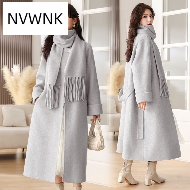 nvwnk羊绒大衣女款23秋冬新款拼接设计感圆领配围巾双面呢外套 白灰 s
