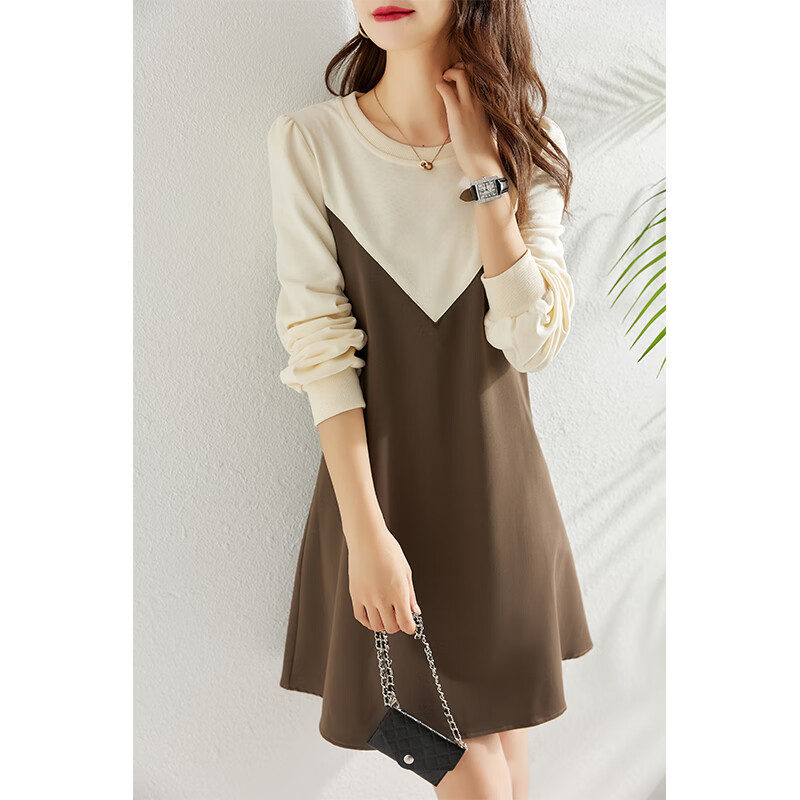 品牌撞色拼接假两件长袖连衣裙女春款2024新款宽松女装 咖啡色 s