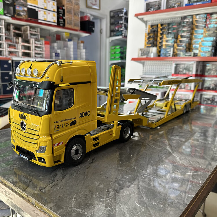 跃纪生 NZG 1:18奔驰Actros 运输车双层拖架合金汽车模型车模 拖头一套 奔驰黄色+双侧托架 现货