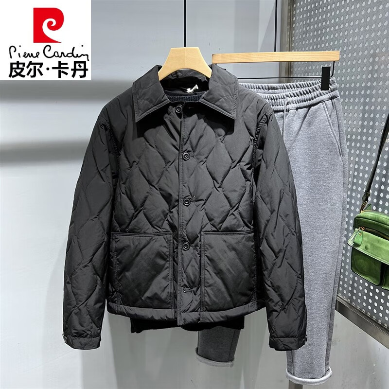 皮尔卡丹轻奢高端冬季新款衬衫领菱格纹理轻薄保暖羽绒棉服外套男