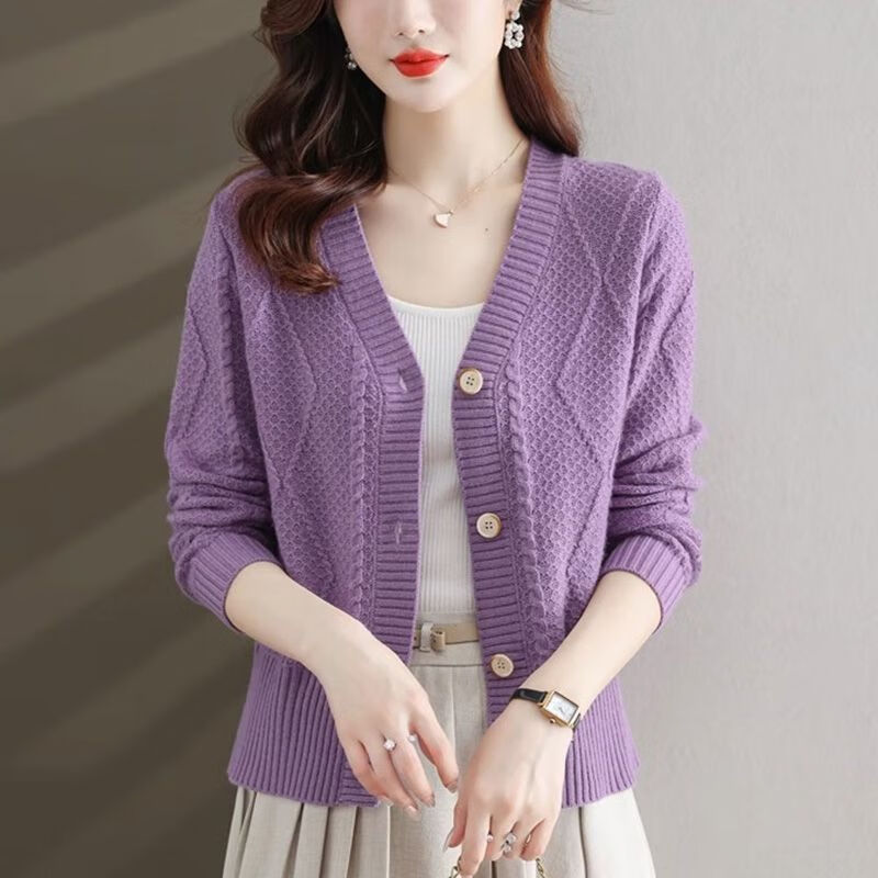 黛颜新款开衫女春秋纯色百搭v领洋气毛衣高腰小个子针织外套上衣 紫色
