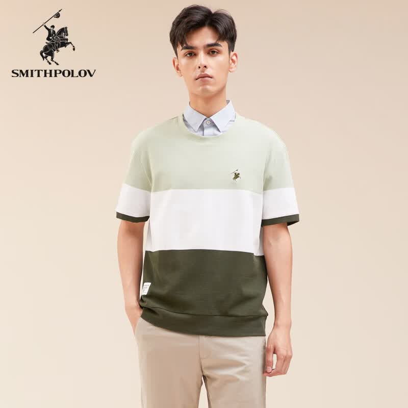 斯密特保罗（SMITHPOLOV）【83.3%棉】百搭短袖拼色休闲圆领时尚针织衫男套头男式针织衫 浅绿条 46