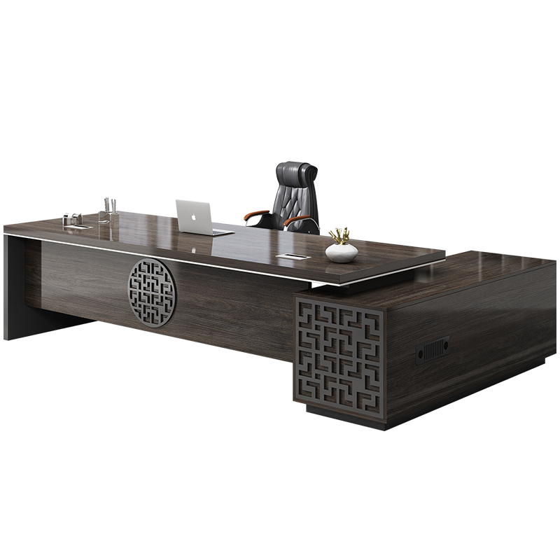 圣黎 办公桌老板桌简约现代办公家具桌椅组合总裁桌泰国胡桃色1.8米桌+西皮椅+5门柜