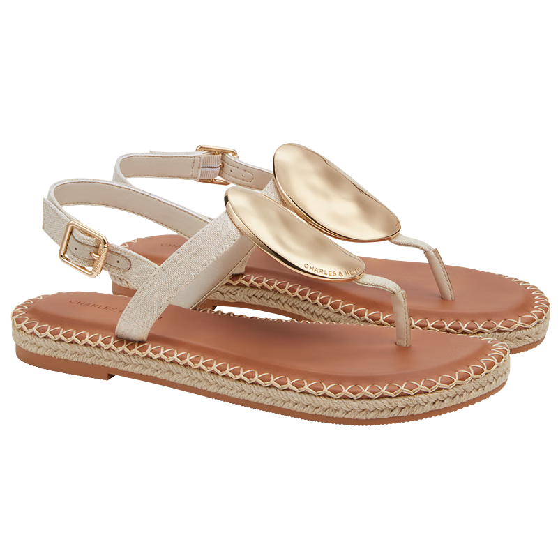CHARLES&KEITH平底夾趾休閑羅馬沙灘涼鞋女CK1-70580228 Beige米色 39