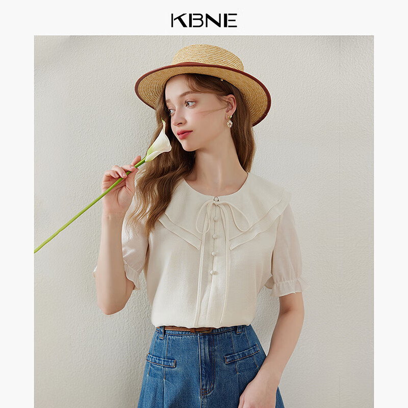 KBNE白色衬衫女娃娃领衬衣2024夏季短袖法式独特小上衣 米色 XS