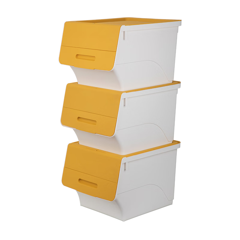 茶花（CHAHUA）收纳箱塑料收纳盒儿童玩具整理箱储物箱斜口前开叠加侧开收纳柜  【奶黄色】34升*三个装