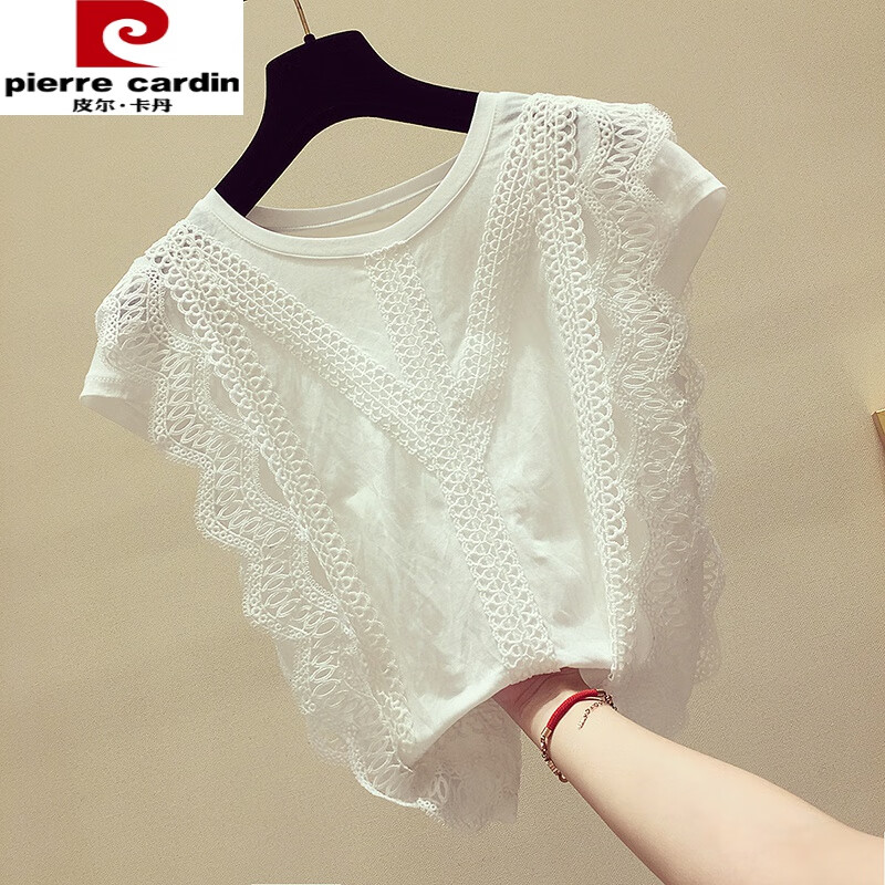 皮尔卡丹(pierre cardin)甜美纯欲白色短袖雪纺衫女夏季洋气白色蕾丝
