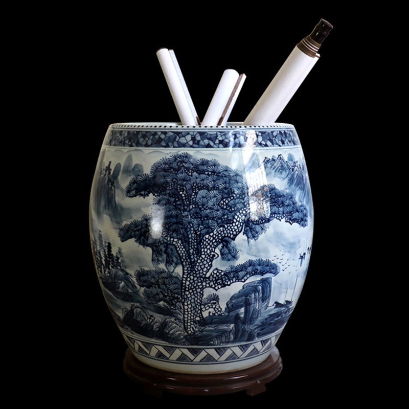 裂均 景德镇陶瓷书画缸手绘青花瓷仿古瓷器源远流长画缸字画筒卷轴缸