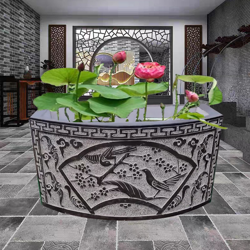 石雕鱼缸青石仿古水缸石盆半圆流水槽庭院户外养鱼池装饰雕刻摆件 a款