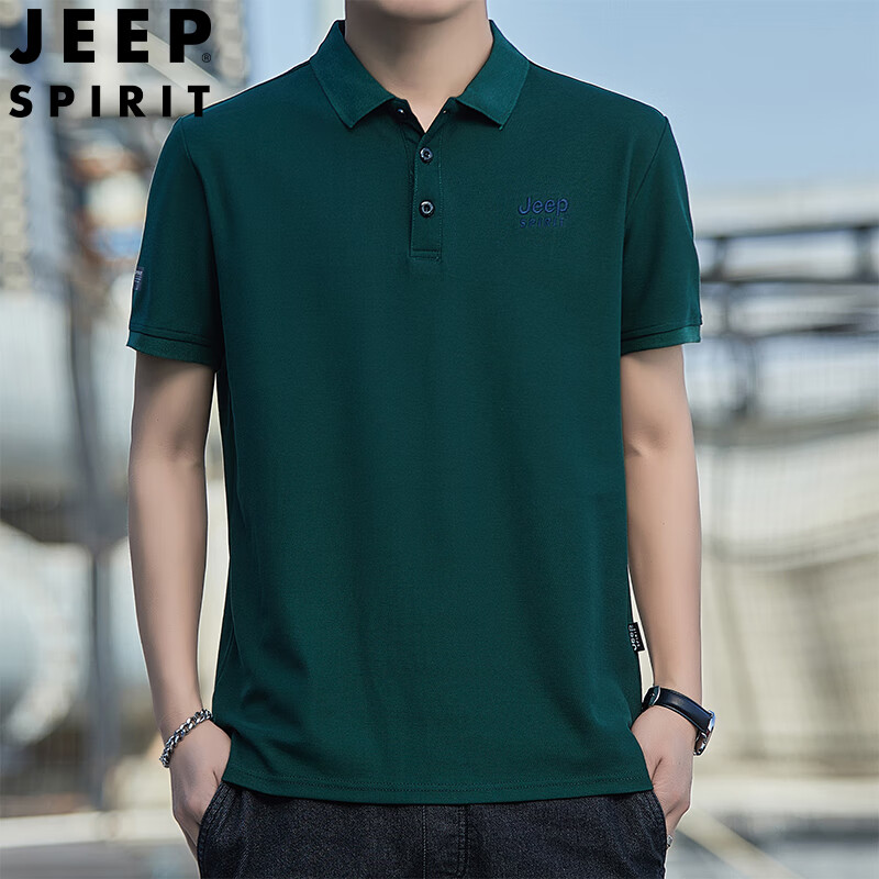 JEEP SPIRIT短袖t恤男P.O.L.O衫夏季休闲上衣翻领体恤大码男装半袖2024 7225墨绿色 3XL 建议170-185斤