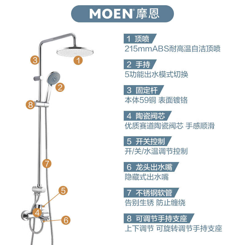 摩恩(MOEN)淋浴花洒套装 5功能增压手持喷头 215mm自洁顶喷冷热水龙头套装主图3