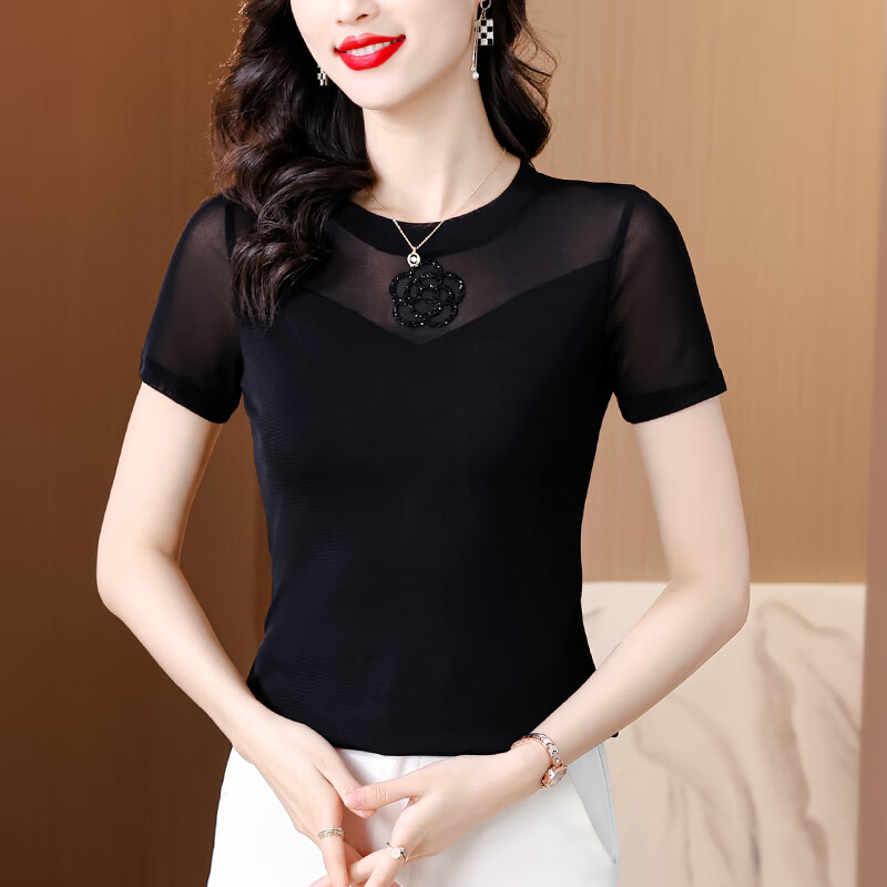 皮尔卡丹蕾丝黑色打底衫女夏季短袖t恤新款时尚洋气内搭网纱上衣 黑色