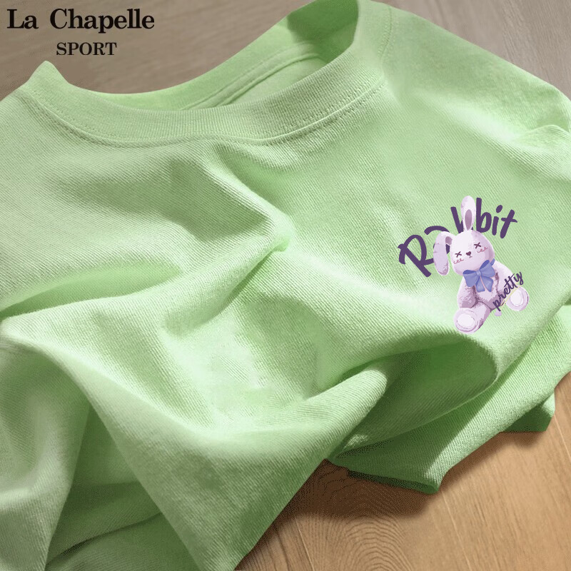 La Chapelle Sport拉夏贝尔纯棉短袖t恤女夏季圆领休闲百搭时尚潮牌宽松透气打底衫 果绿色(优雅兔胸标) S /155(推荐85-100斤)