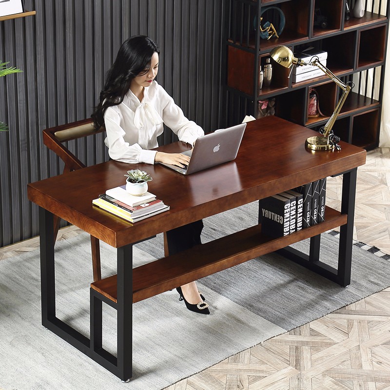 实木书桌 电脑桌台式家用 欧式办公桌老板桌工作台带抽屉学习桌子 带书架 120*60*75桌面厚5公分