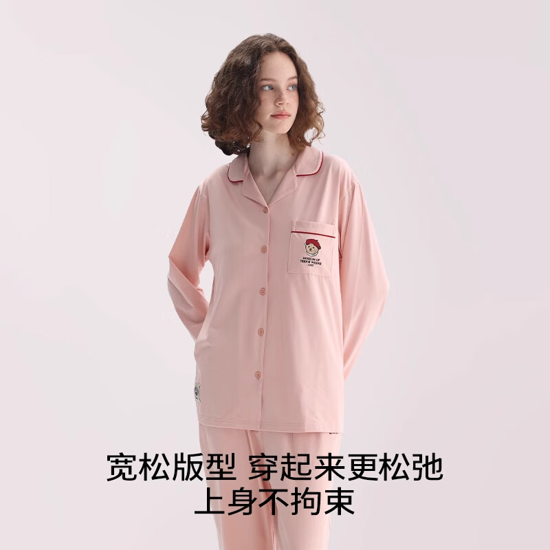 TEENIE WEENIE小熊棉睡衣女款春秋2024年新款情侣长袖家居服套装 女款开襟-樱粉【带胸垫】 S