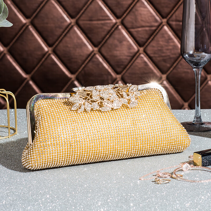 礼服配包精致名媛晚宴手拿包女搭穿旗袍配的手提包水钻带钻高 金色