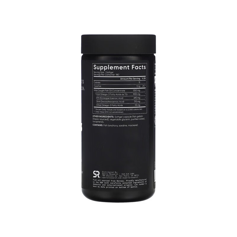 Sports Research欧米伽-3鱼油软凝胶 高纯度含量IFOS五星认证无腥味易吸收 180粒*1瓶