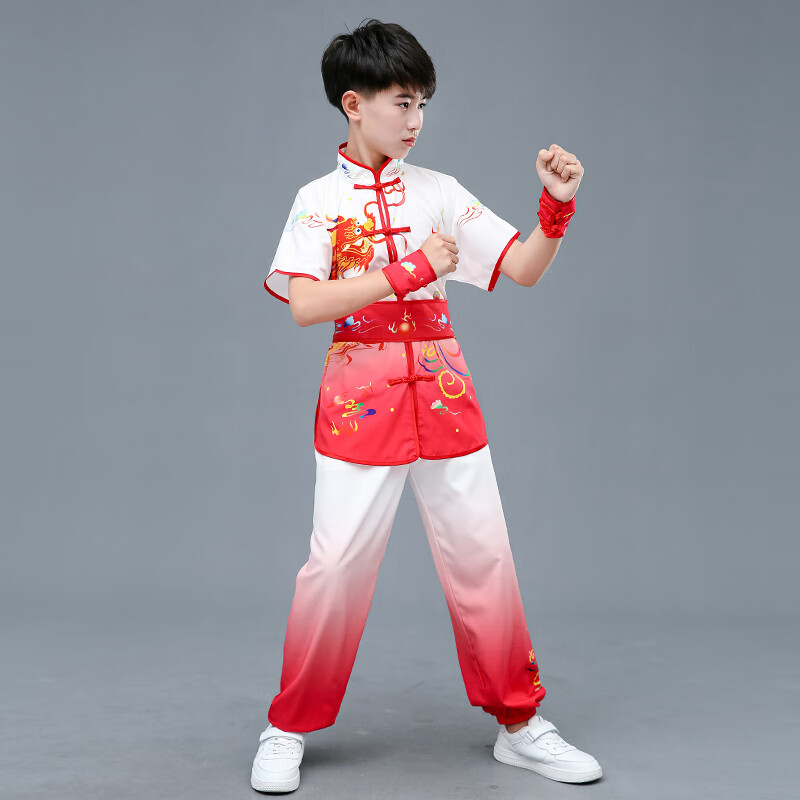 兒童武術(shù)訓(xùn)練表演服練功服校運(yùn)會(huì)中國(guó)風(fēng)功夫比賽演出服套裝長(zhǎng)短袖 短袖紅色 110cm