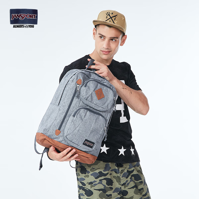 JANSPORT杰斯伯双肩包女学生男包皮革底休闲背包书包  T13Y0LR 条纹灰