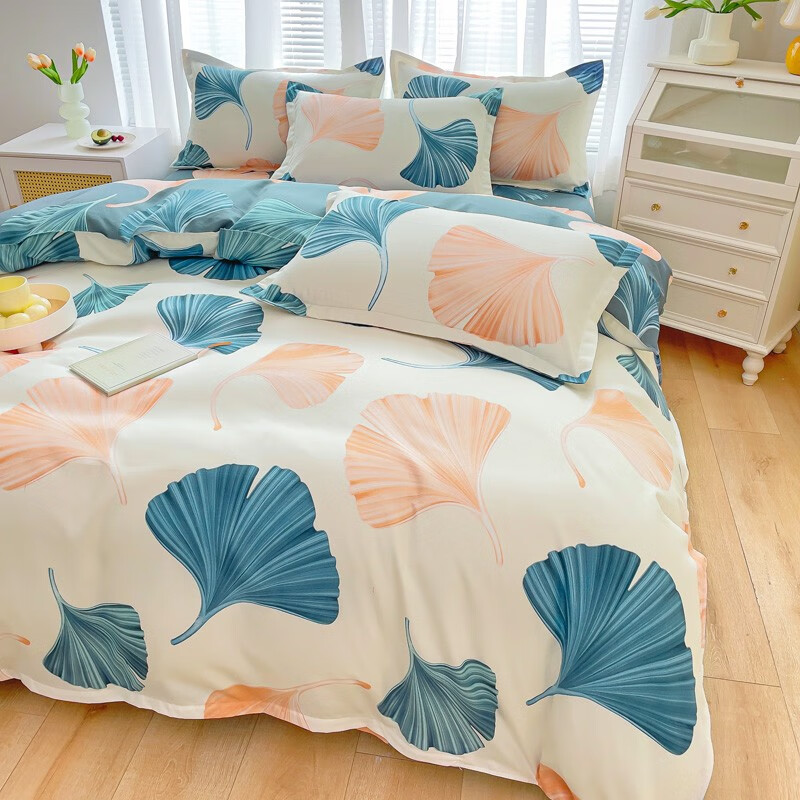 多兰诗(Duolanshi)磨毛四件套 春秋加厚保暖小清新宿舍卡通家用斜纹四件套 银杏花开米 2.0米 床单款 被套200*230 四件套