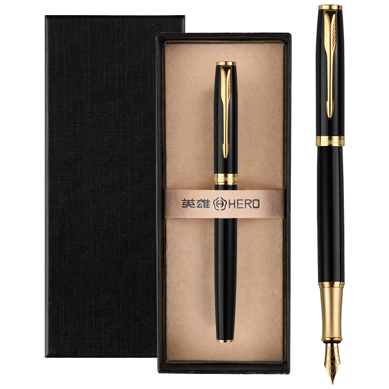 英雄（HERO）鋼筆禮盒男女士簽字筆禮品商務(wù)書(shū)法練字三年級中小學(xué)生定制刻字筆生日禮物E609 【爆款推薦】耀光黑【禮盒】（送 墨水+墨囊+禮袋） F明尖0.5mm