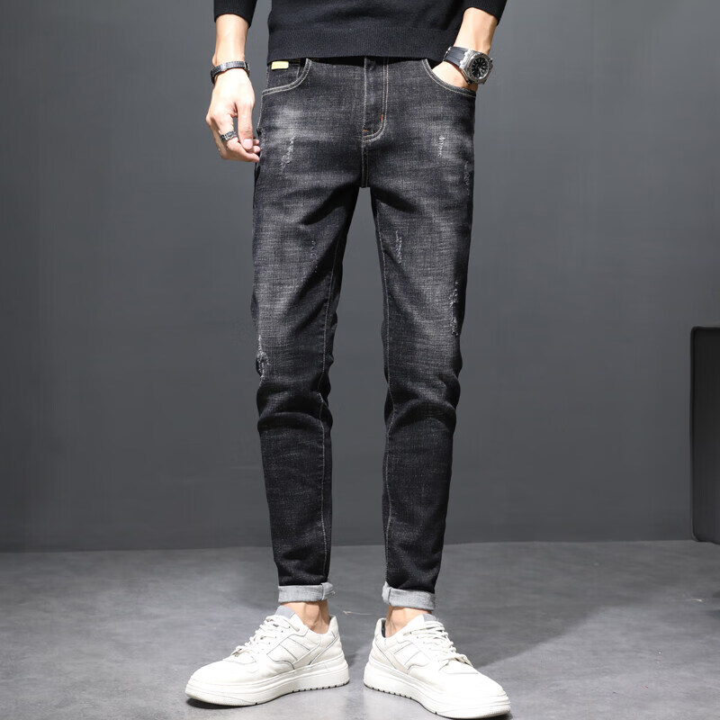 以纯(yishion)官网神款系列牛仔裤男新款潮流百搭小脚裤子 黑灰 27