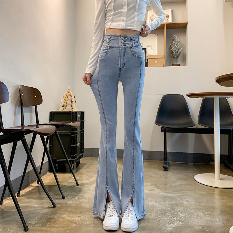 dicify新品微喇叭牛仔马蹄女裤子浅蓝色开叉微喇牛仔裤女春装2022年