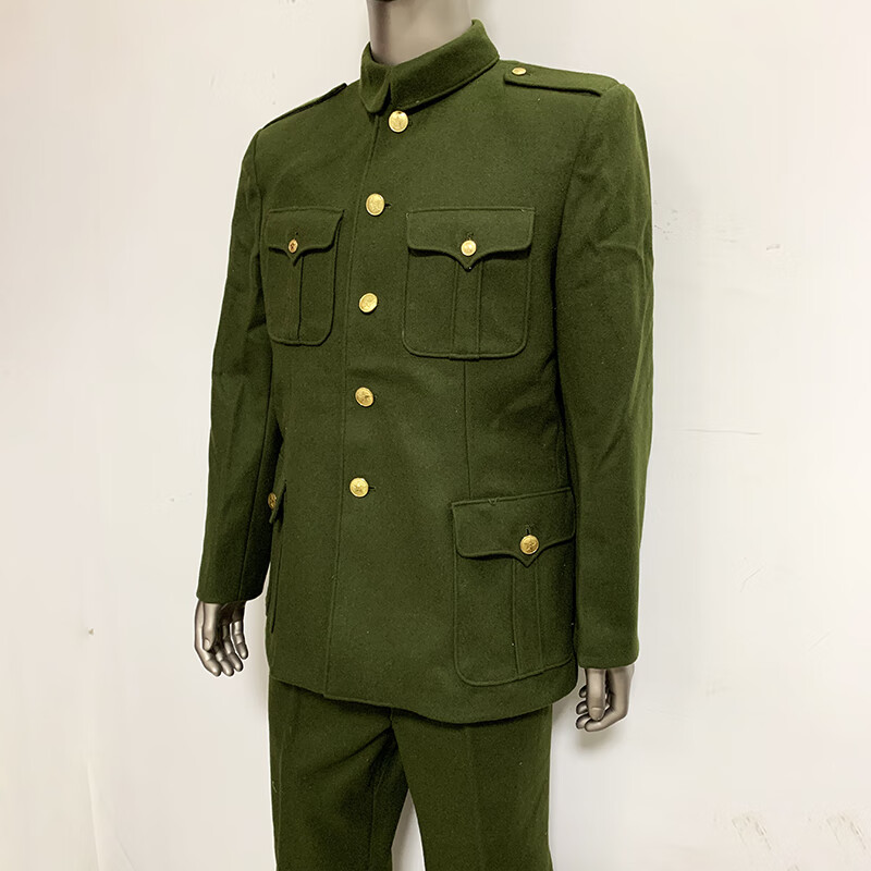 式士呢服男士冬季防寒羊毛呢子服中山装收藏纪念绿色套装 军绿色 1号3
