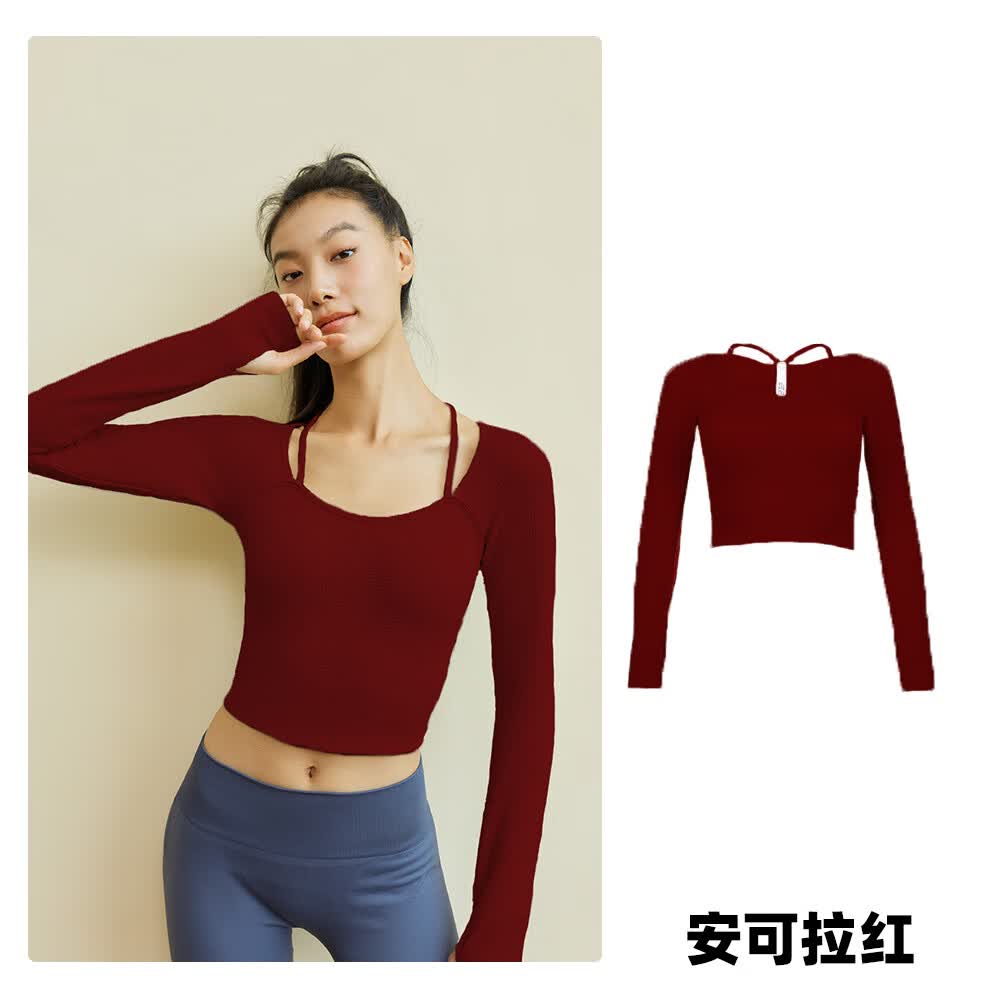 三枝梅花三枝梅花牌瑜伽健身服长袖短款上衣华夫格健身休闲服安可拉红