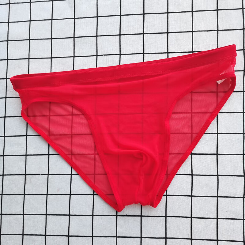 chiutse男士冰丝内裤透气全透明网纱柔软紧身火三角性感裤衩 红色 xl