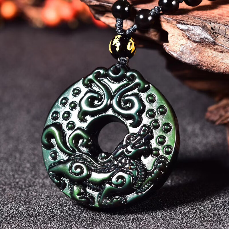 彩眼黑曜石如意麒麟吊坠财运貔貅男女款项链吉祥饰品礼物 珠链款